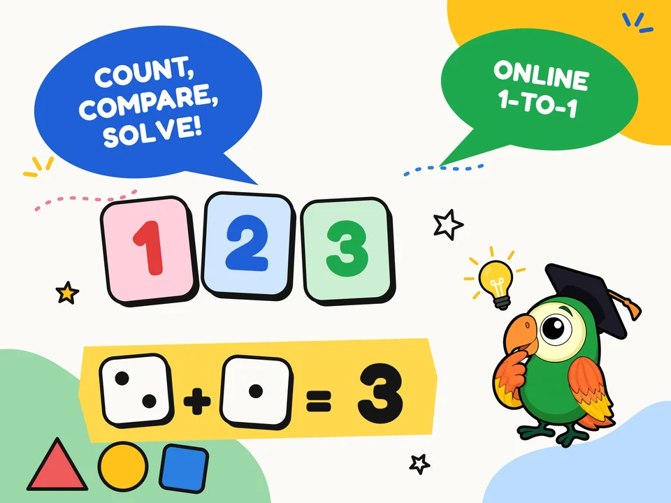 Illustration of number tiles 1, 2, 3 and dice adding up to 3, with Percy the parrot thinking