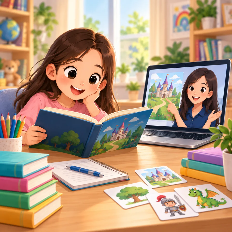 Illustration of a Confident Readers child reading a storybook with a teacher online