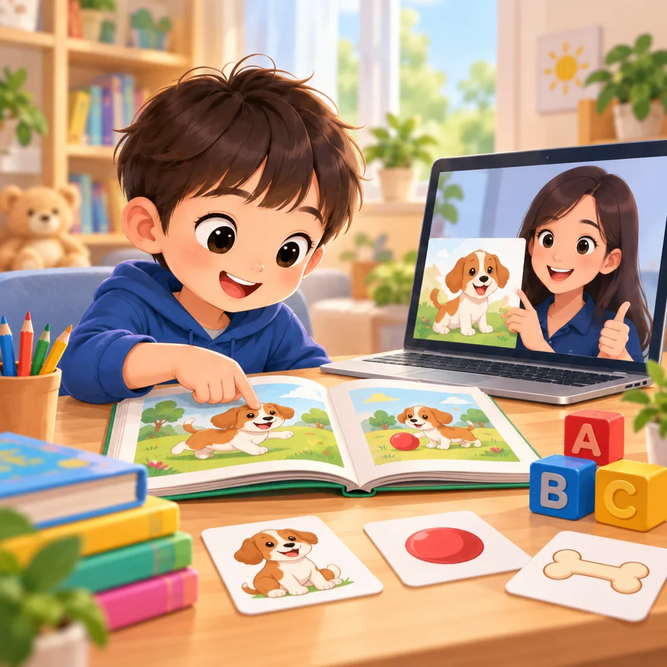 Illustration of an Early Readers child sharing a picture book with a teacher online