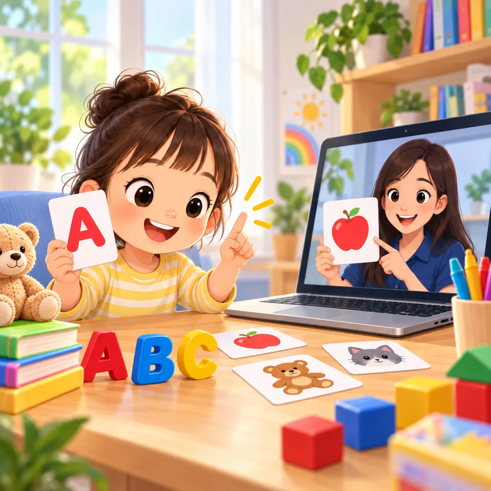 Illustration of a Little Explorers child practising letter sounds with a teacher online