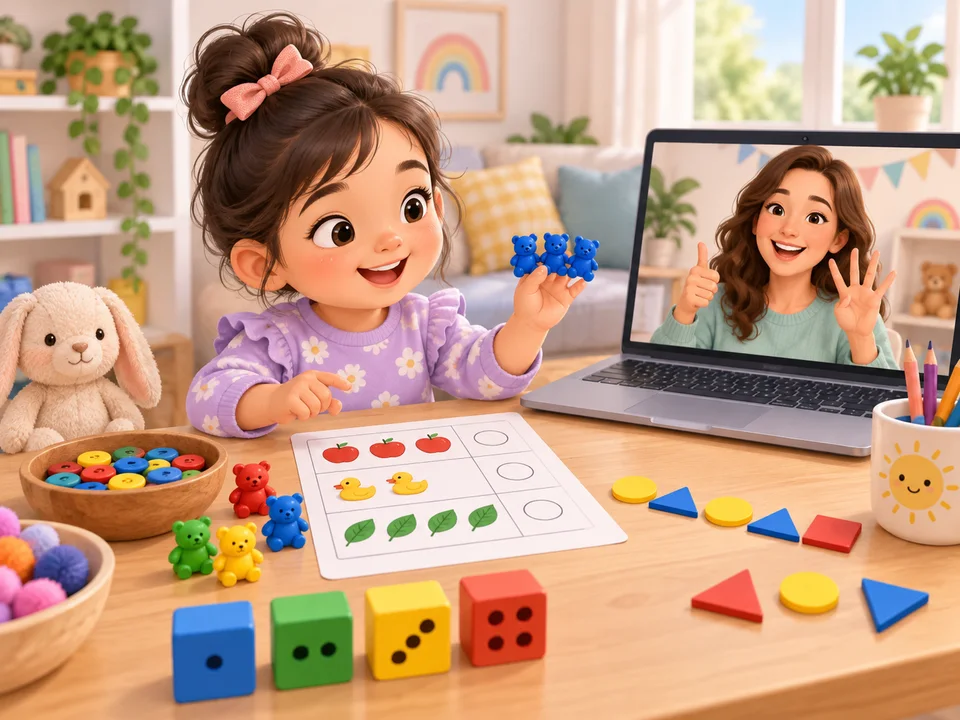 Illustration of a child exploring numbers with counters and shapes during a live online maths lesson
