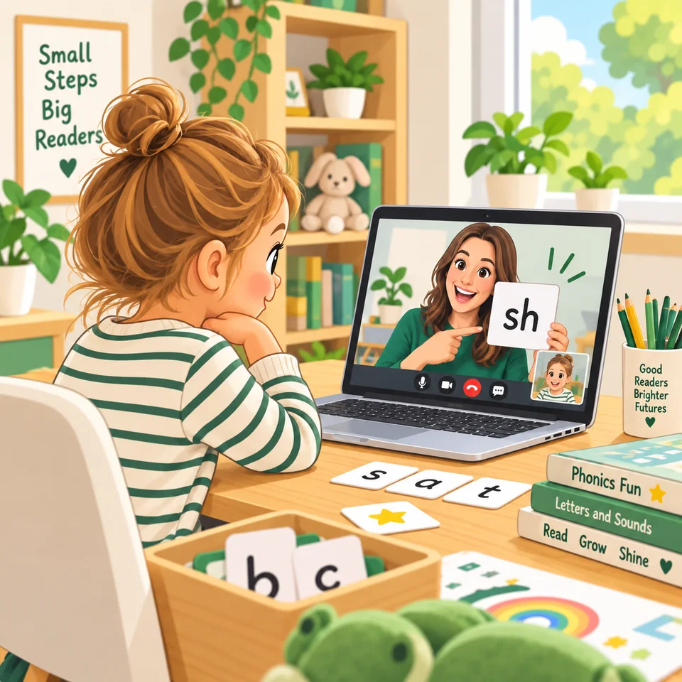 Illustration of a child practising phonics at home with a teacher in a live online lesson