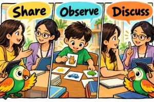 Three-panel comic showing an assessment conversation observation and feedback
