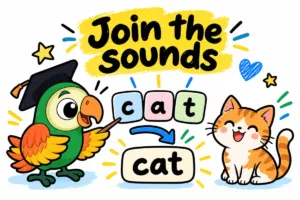 Parrot demonstrating how the letters c a t join to form cat