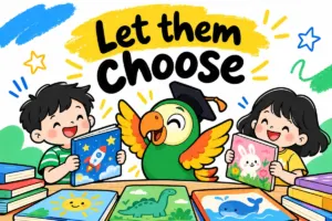Children choosing books with the parrot in a playful Children's Day illustration