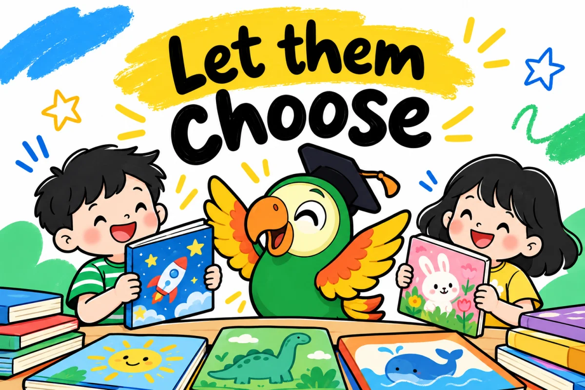 Children choosing books with the parrot in a playful Children's Day illustration
