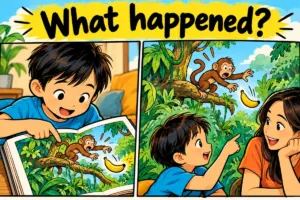 Comic of a parent and child talking about what happened in a story