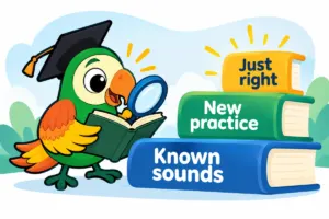 Graphic illustration of choosing a book with known sounds and suitable practice