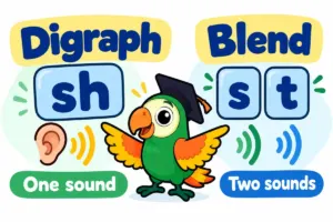 Parrot comparing the digraph sh with the consonant blend st