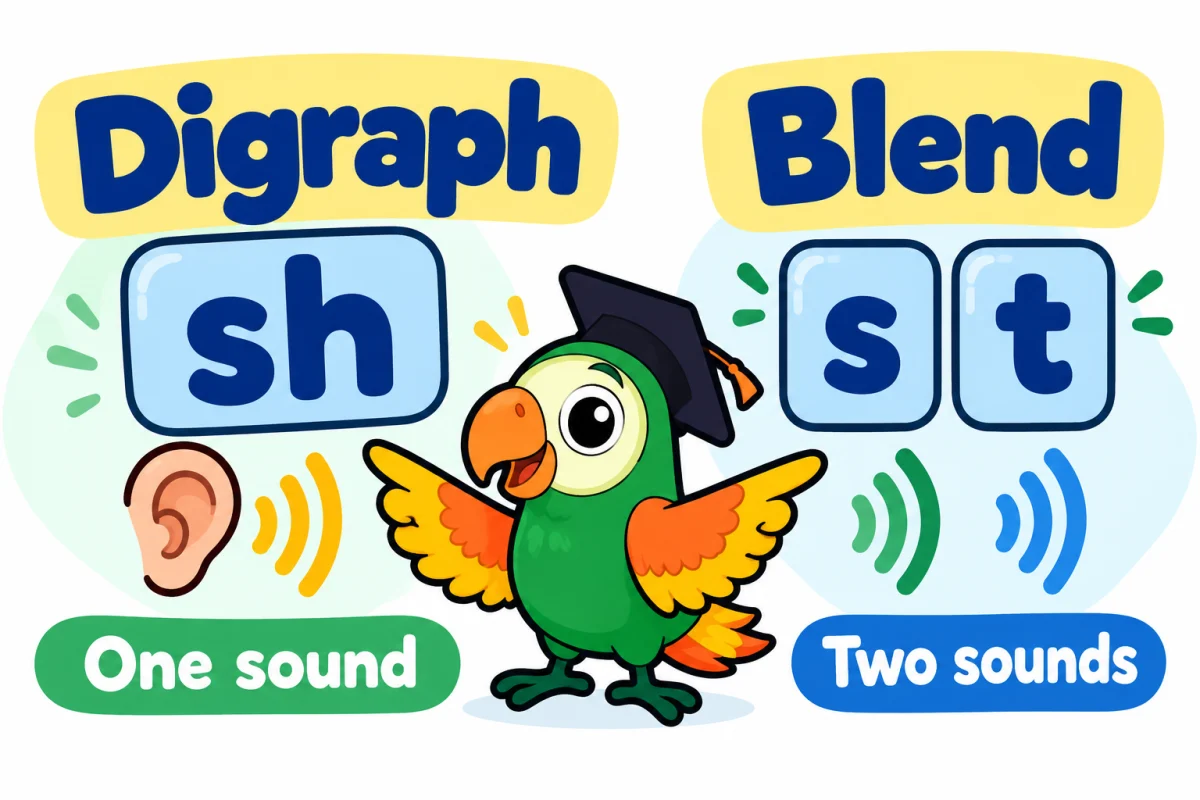 Parrot comparing the digraph sh with the consonant blend st