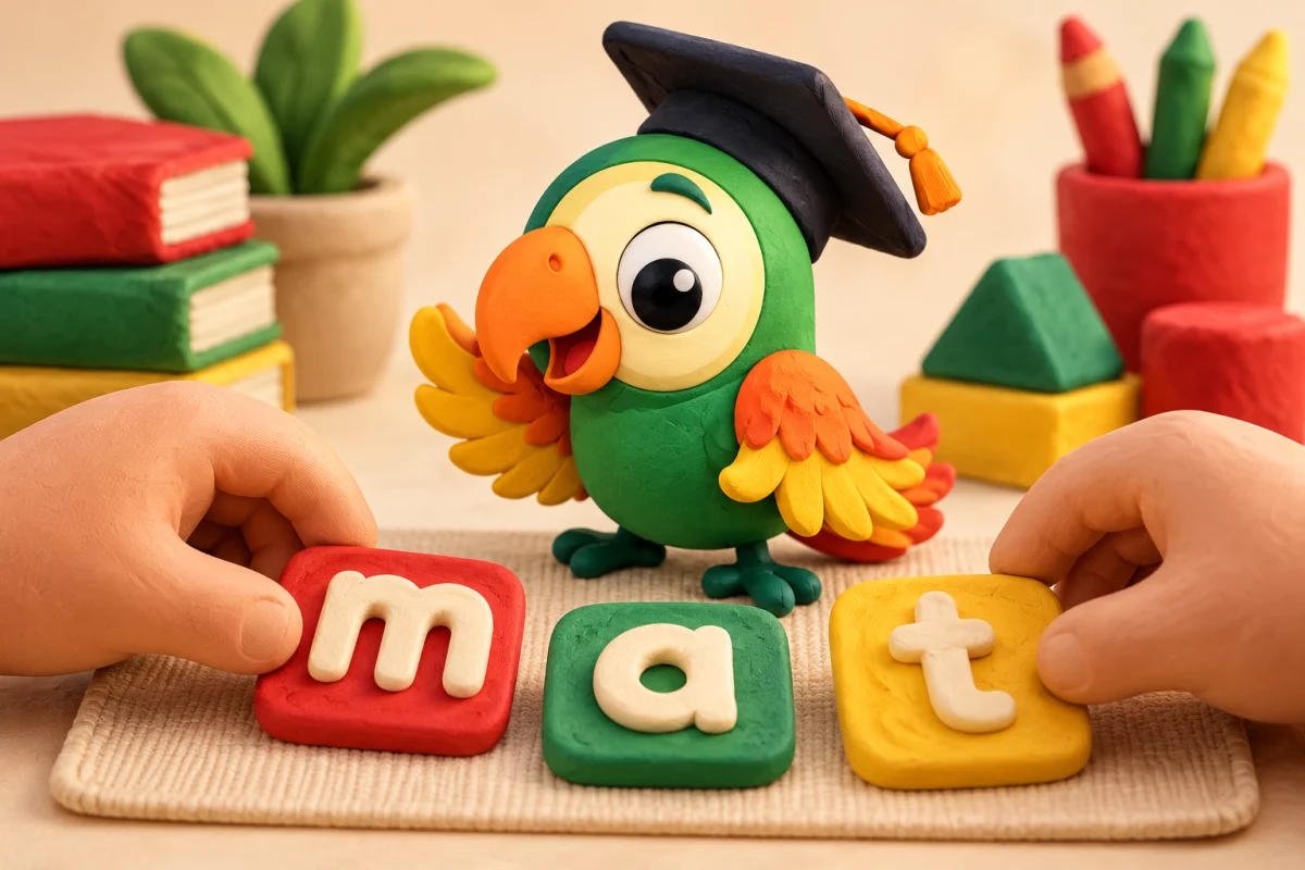 Clay letters and a miniature parrot illustrating purposeful hands-on phonics
