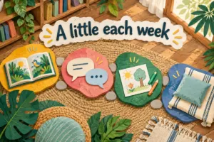 Cut-paper illustration of a gentle four-week holiday reading rhythm