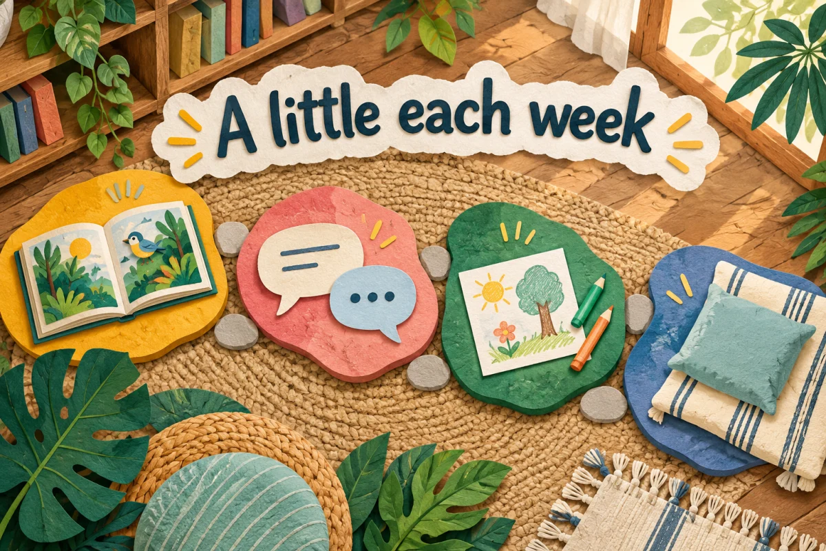 Cut-paper illustration of a gentle four-week holiday reading rhythm