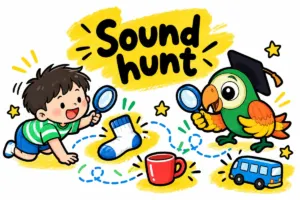 Parrot and child exploring a home sound hunt with familiar objects