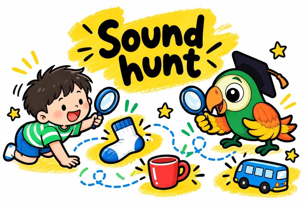 Parrot and child exploring a home sound hunt with familiar objects