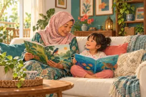 Illustration of a grandmother and child sharing picture books at home