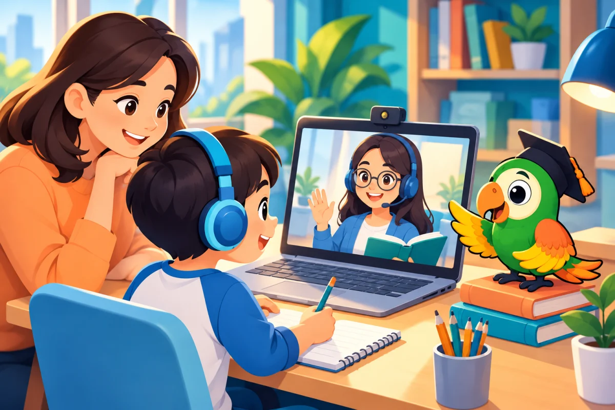 Isometric illustration of a child and parent preparing for a live online lesson