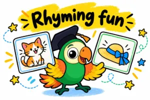 Parrot presenting cat and hat picture cards in a bright doodle illustration