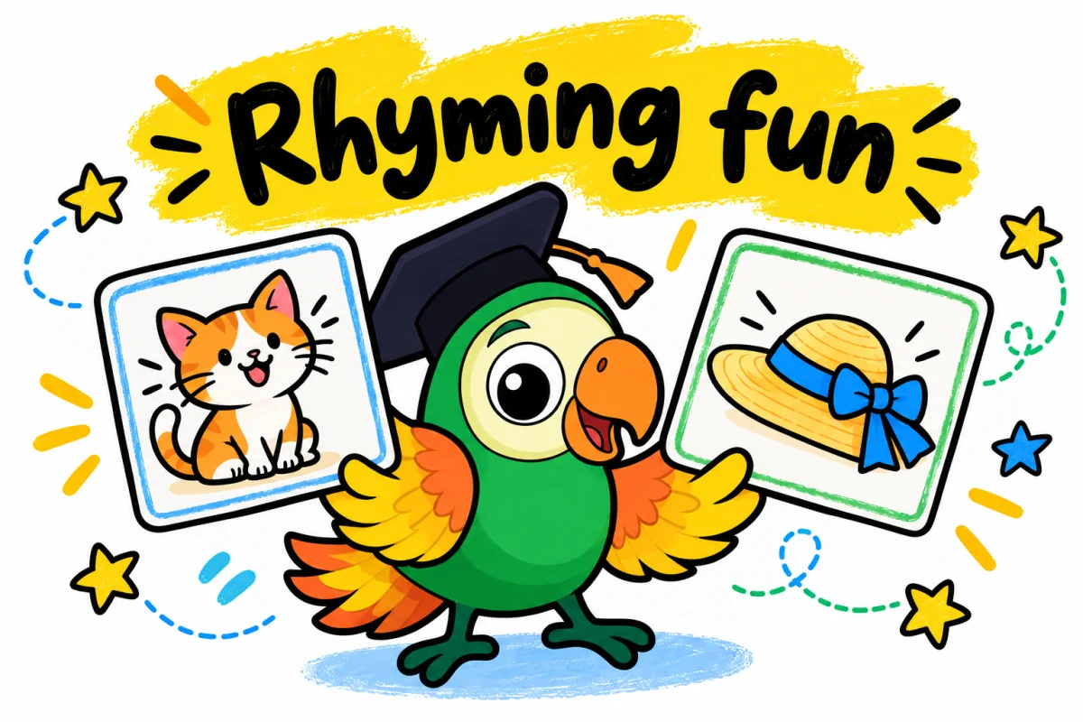 Parrot presenting cat and hat picture cards in a bright doodle illustration