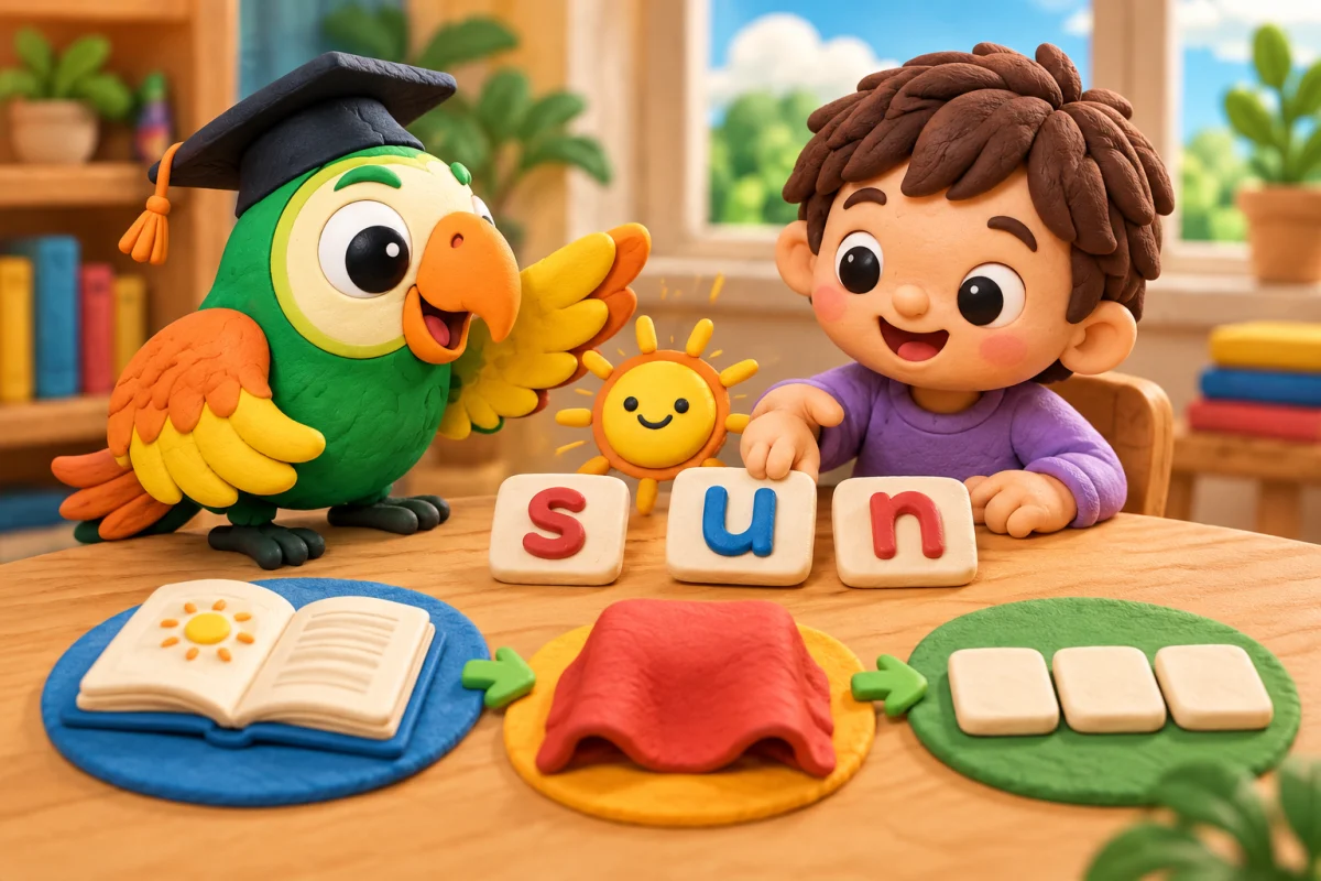 Clay-style parrot helping a child practise spelling sun with letter tiles