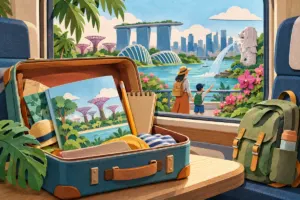 Cut-paper suitcase containing a small family travel reading kit