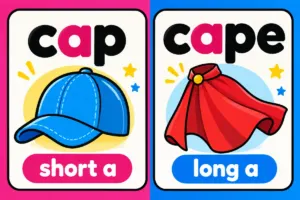 Graphic comparison of cap and cape showing short and long a